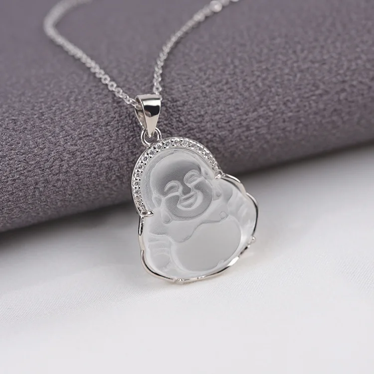 

S925 Sterling Silver Clear Jade Buddha Pendant Necklace Collar Maitreya Laughing Buddha Pendant Necklace