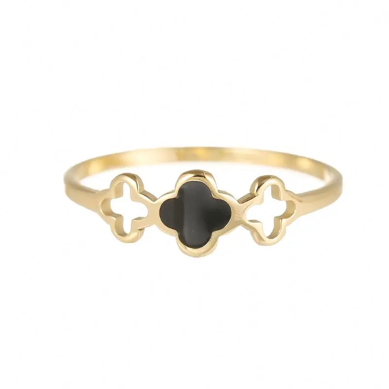 

Fashion Jewelry 14K Gold Plated Hollow Good Luck Four Leaf Clover Stainless Steel Ring Women