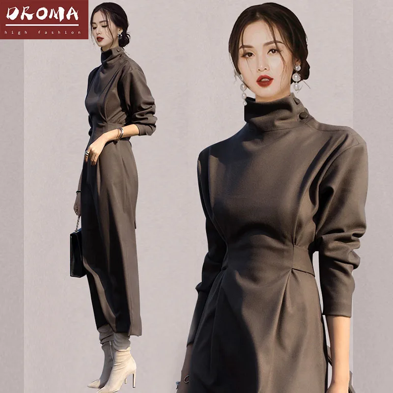 

Droma 2021 new arrival OL elegant ladies office wear solid color long sleeve stand collar women maxi dress, Brown
