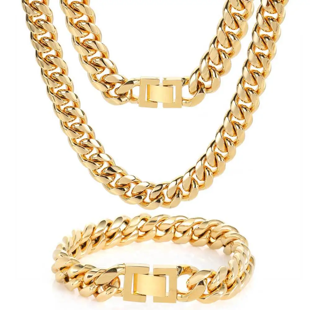 

RQ Titanium Cuban Link Cadena de oro Mens Miami Stainless Steel 14k 18k Gold Plated Chain Necklace Cuban Link Chain for Man