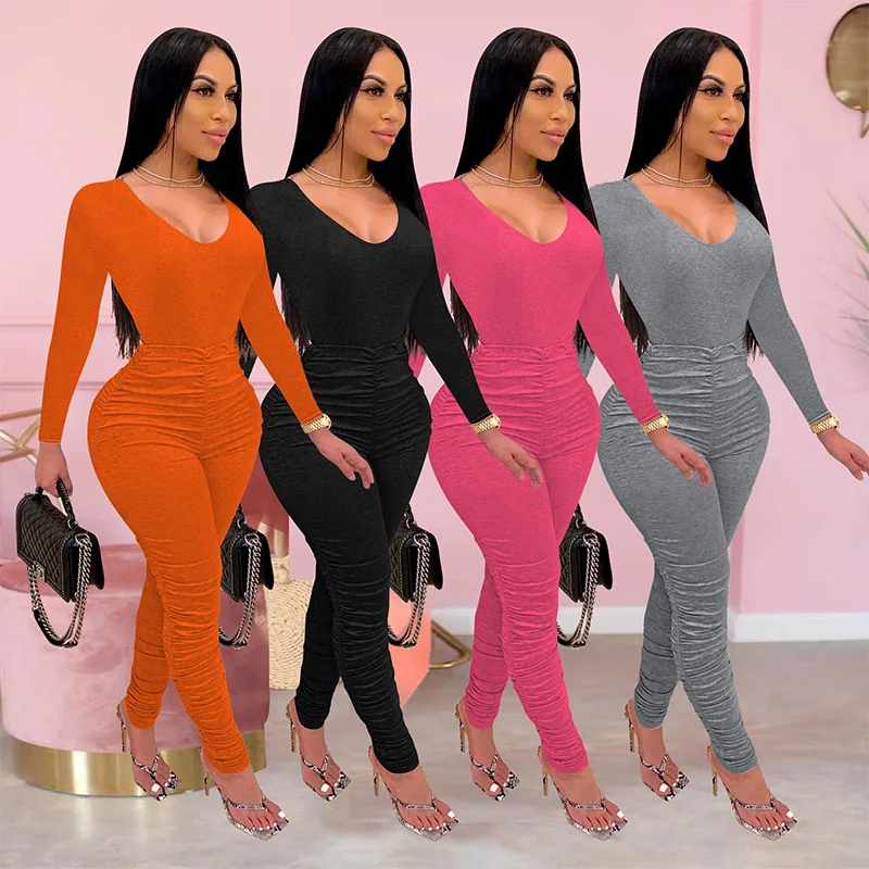

Dropshipping V-Neck Long Sleeve Folding Library Jumpsuit Women Bodysuits For Women