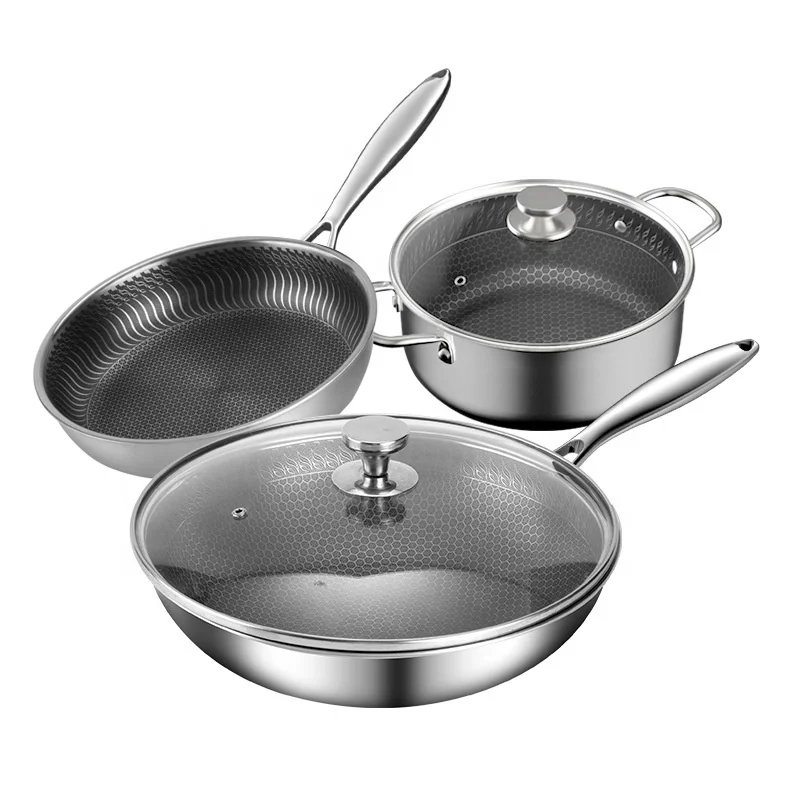 

Directly Factory Wholesale High Quality Stainless Steel Pan Set Gift Soup Pot Wok Non Stick Pan 3 Piece Set