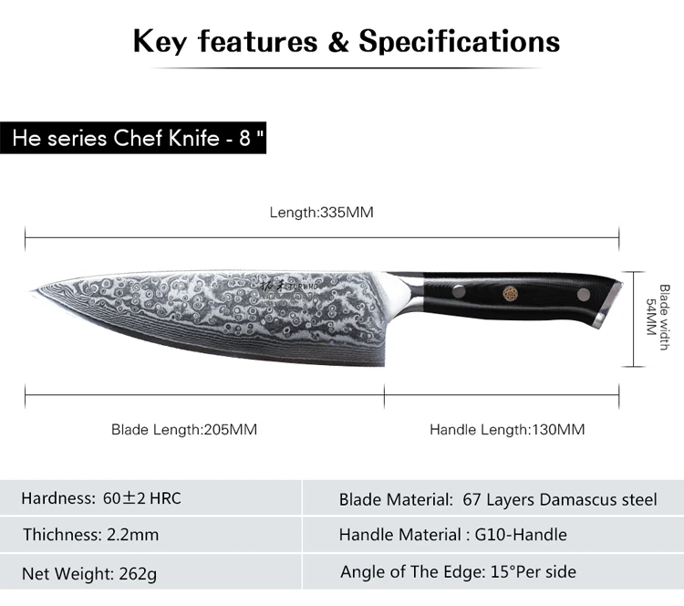 Kitchen chef knife vg10 steel Damascus chef knives are constructed from Japanese VG10 core steel layered in between 66 folded levels of oxidation resistant stainless steel based on the centuries old knowledge and tradition of Japanese sword making. In an ultra-modern ISO 9001 accredited facility, the metallurgical wonder of multi layered steel, also referred to as Damascus Steel, is transformed into knives of the highest quality. 
