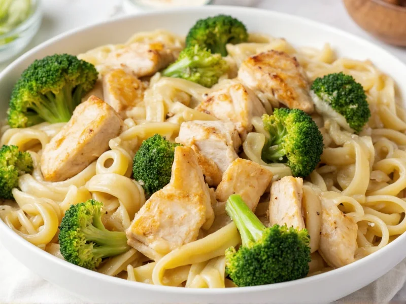 Homemade alfredo pasta with grilled chicken and broccoli
