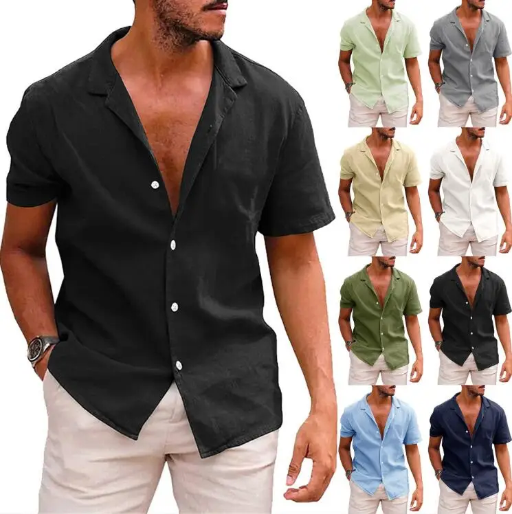 Custom Wholesale New Summer Solid Color Tops Fashion Classis Cotton Linen Short Sleeve Mens Casual Men Shirt