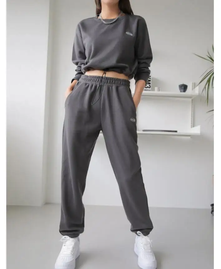 

Women Drop Shoulder Patched Drawstring Crop Top Jogging Tracksuit Sweatshirt suit, Custom