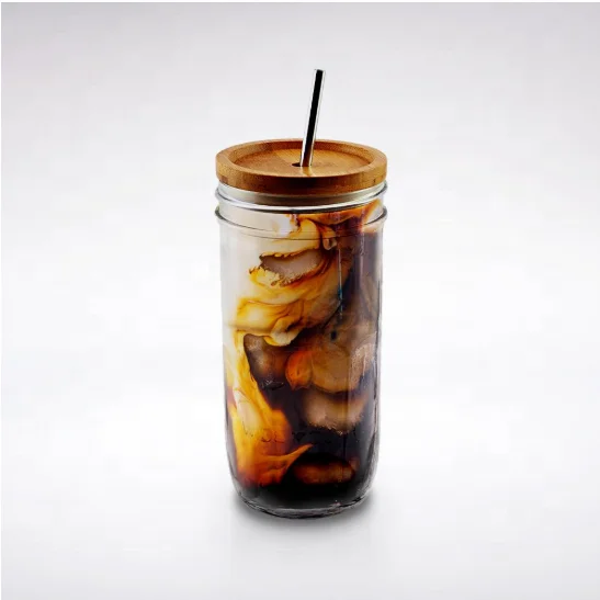 

Menbank wholesale 600ml wide mouth round glass mason jar with bamboo lid and straw, Clear color