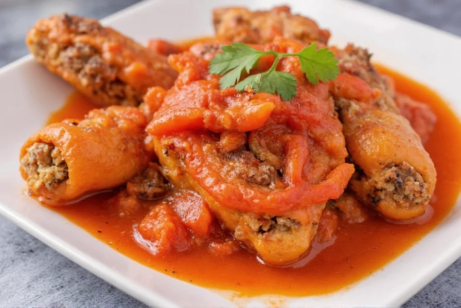 Step-by-step preparation of stuffed paprika showing peppers being filled with meat mixture