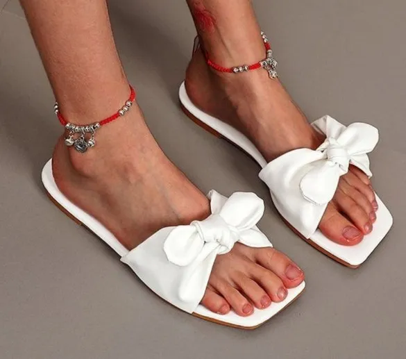 

2021 women's summer shoes the same type PU square head bow flat slippers large size shoes, Black,white,green,blue,orange
