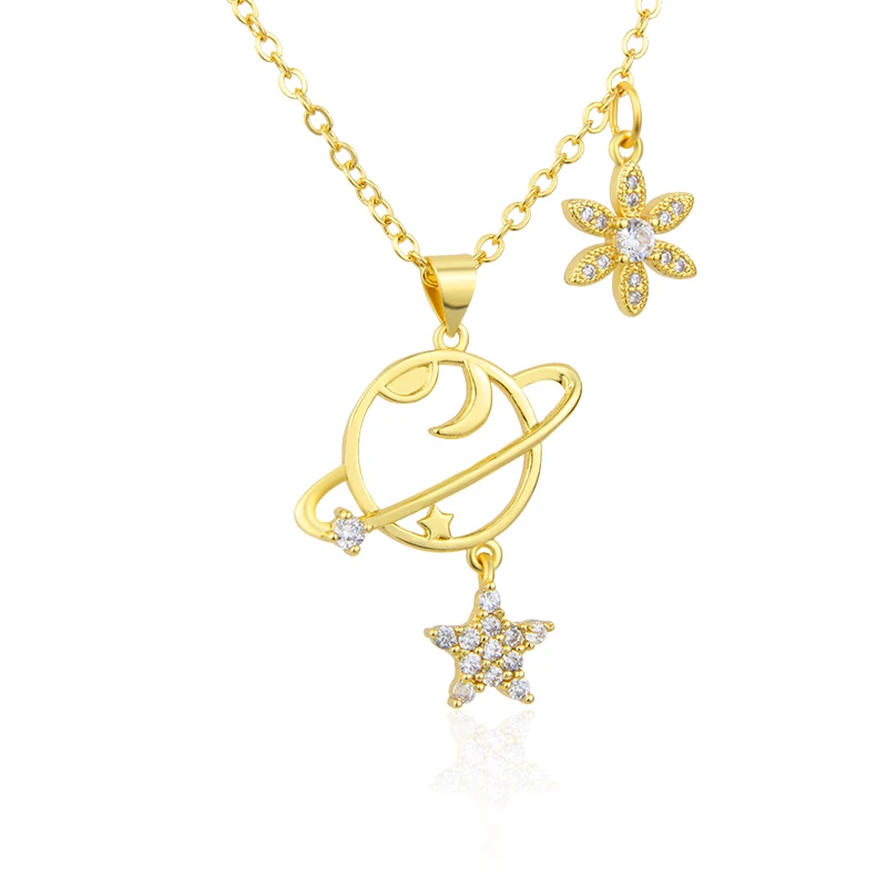 

Trendy Jewelry Golden Planet Small Star Small Petal Inlaid Zircon Pendant Sweet Necklace Exquisite Gifts, Gold color