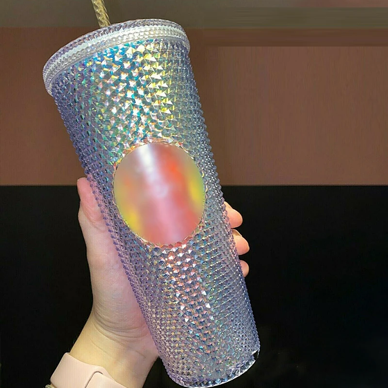 

New Coffee Double Layer Plastic Straw Durian Cup Bright Diamond Crystal Studded Tumbler with Straw