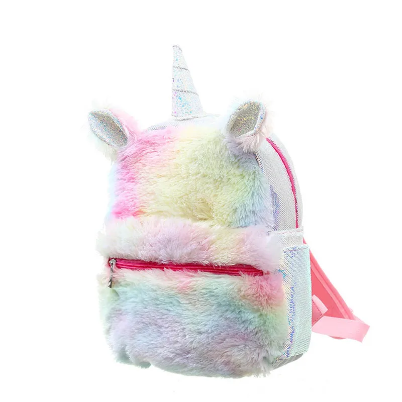 

JANHE Unicorn Daypack rucksack Small Travel Bagpack Rainbow Plush Furry Kids Bookbag Girls Backpack Bags