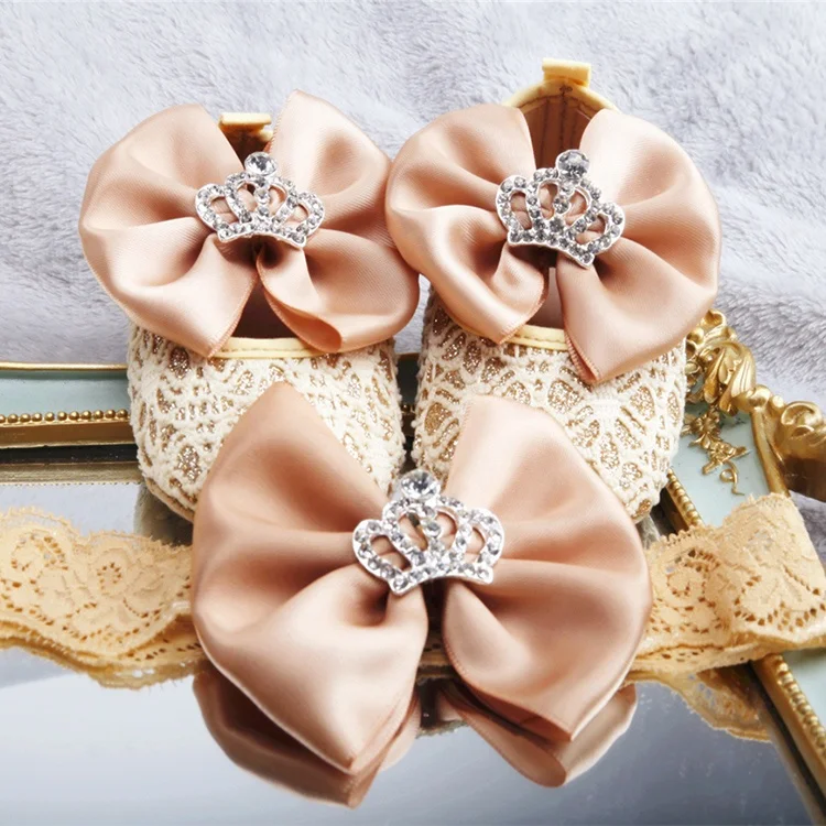 

New Arrival Bling Crown Newborn Toddler Crib Shoe Baby Girls Ballerina Flat Shoes with Headband Set
