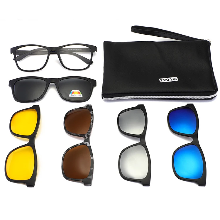 

2201A TR90 Eyewear 5 in 1 Magnet Polarized Sunglasses Interchangeable magnetic clip on sunglasses glasses