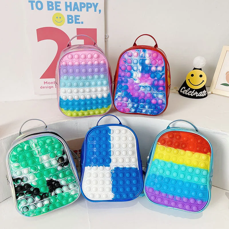 

large rainbow pop it school back pack girl students poppings toy book bag anti stress relief fidget push bubble pop it backpack, Multiple colors