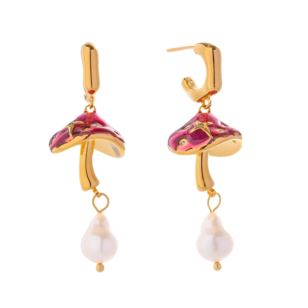 

Delicate 18K Gold Plated Earring Lovely Brass Pink Mushroom Pearl Drop Earrings for Girls