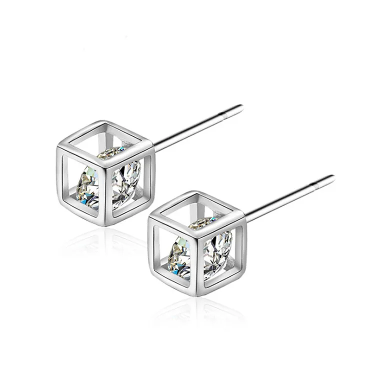 New Hot Fashion 925 Silver Crystal square cube Stud Earrings for Women Fashion Statement Jewelry