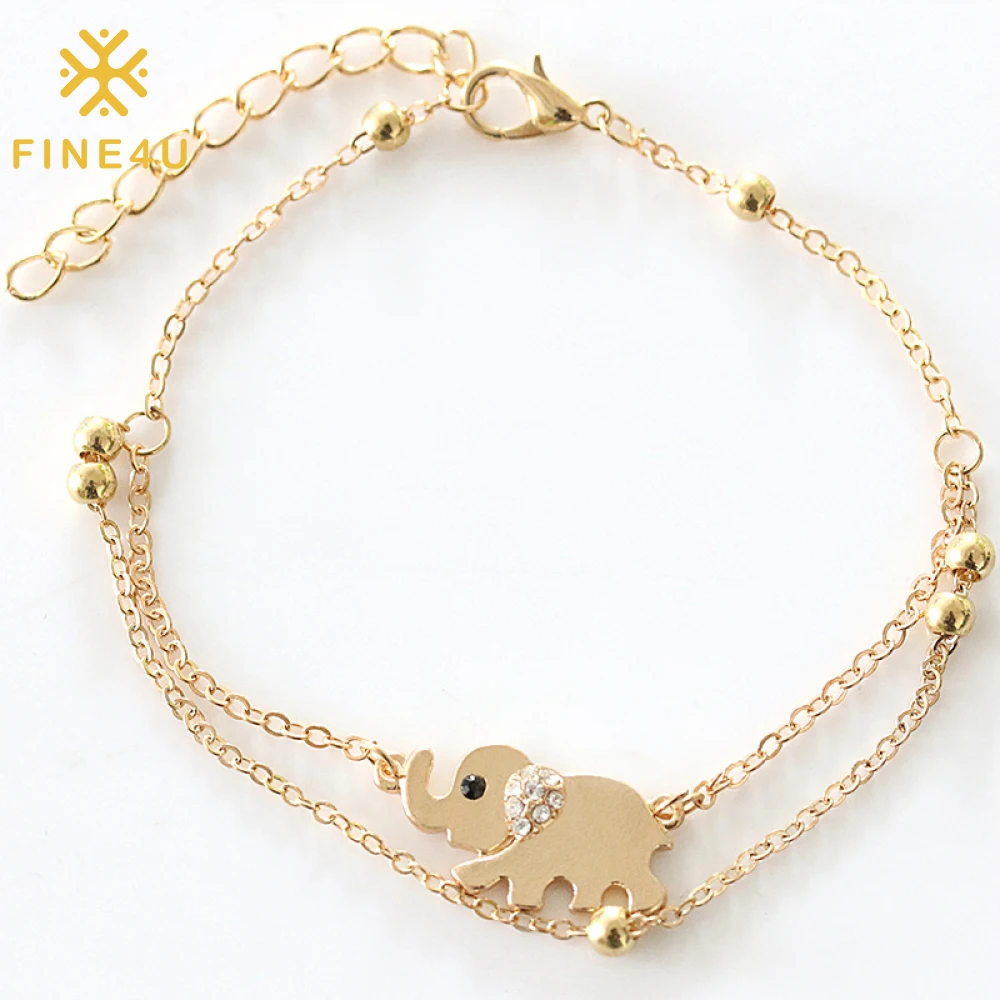 

Cute Fashion Pvd Plated Anklets Double Layered Elephant Ankle Bracelet Gold Foot Chain For Women