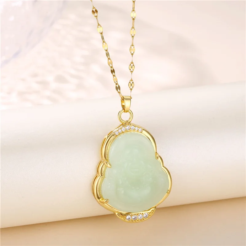 

Dainty Jewelry 18k Gold Gourd Shape Mint Green Jade Buddha Necklace Stainless Steel Natural Jade Maitreya Pendant Necklace