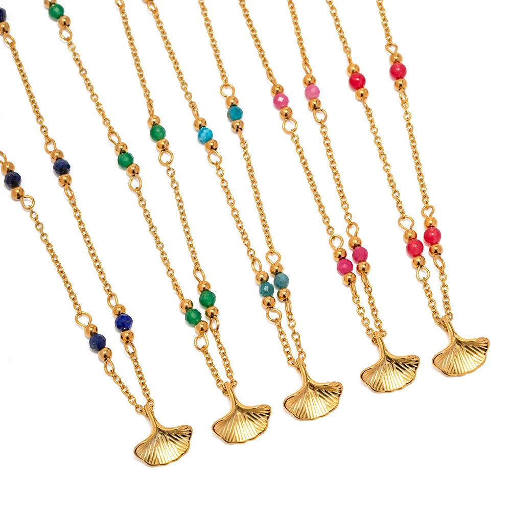 

18K Gold Plated Stainless Steel Jewelry Set Charm Natural Stone Lapis lazuli Leaves Pendant Necklace for Women