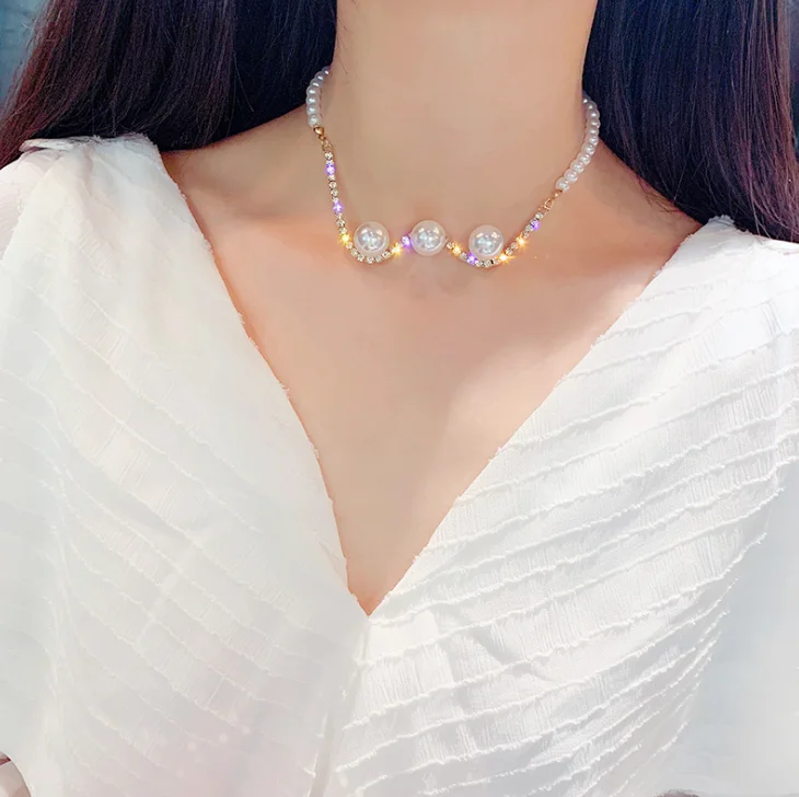 

jialin jewelry women 2020 female niche collarbone short neck diamond rhinestone pearl chocker necklace