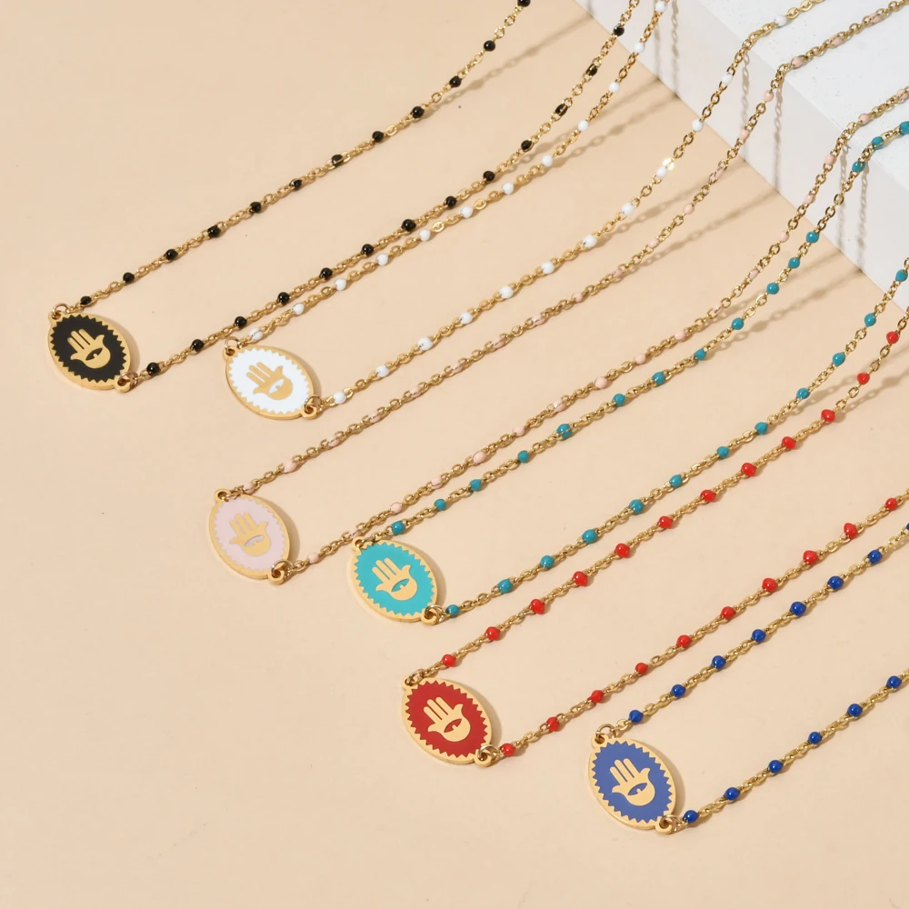 

New Loving Wholesale Amulet Fatima Hamsa Hand Pendant Necklace Stainless Steel Necklaces for Women Jewelry