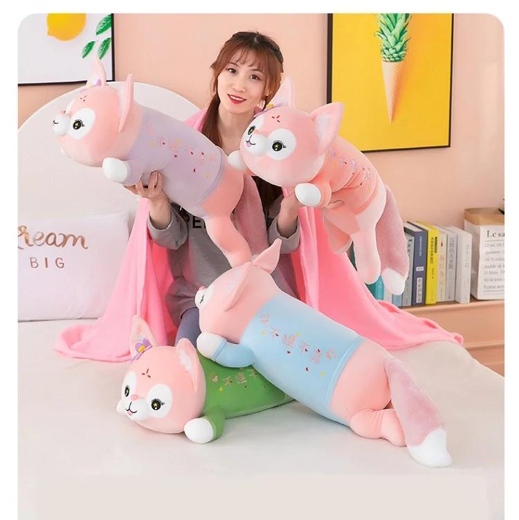 

2023 custom Kawaii pink fox pillow blanket Stuffed cute dog long sleeping pillow blanket stuffed plush toy animal gifts for kids