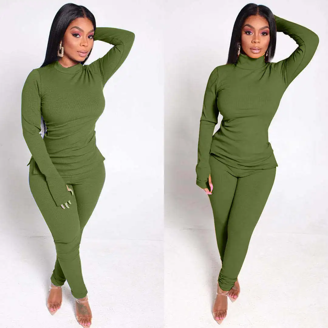 

Fall Casual Fashion Long Sleeve Two Piece Pants Set Solid Color 2 Piece Set Women Turtleneck Skinny Two Piece Set Women Clothing, Burgundy,purple,gray,black,green,blue