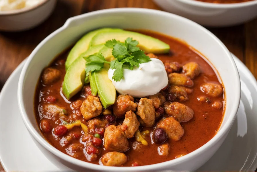 Bowl of steaming turkey chili topped with avocado, sour cream, and fresh cilantro