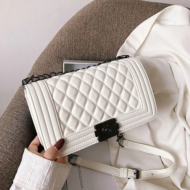 

New Classy Women Square chain bag PU Leather Chain Lady Straps Ladies Shoulder Bag with Hardware Lock, Black,gray,blue or as customers' requirement