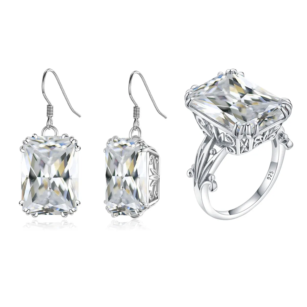 

Factory Wholesale Jewelry Sets Real Sterling Silver Women Jewelry Display Set White Zircon Rings Earrings 2 Sets