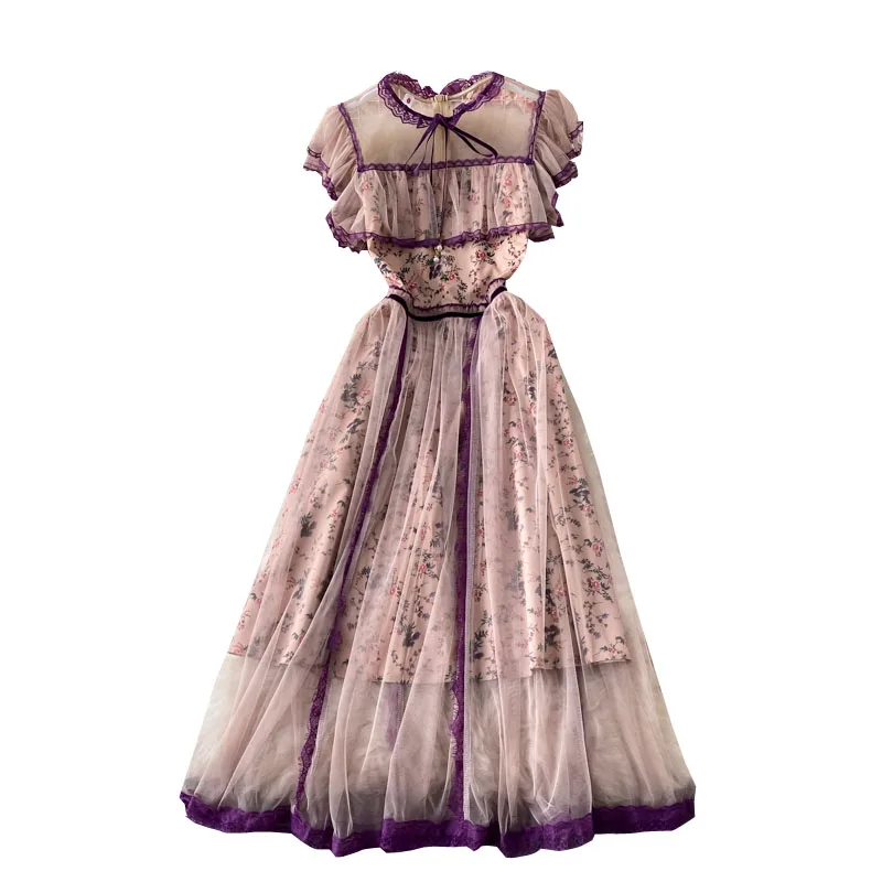 

2021 Summer New Dress French Style Ruffled Elegant Lace Gauze Dress Mesh Stitching Short Sleeve Large Swing Slim Long Dress