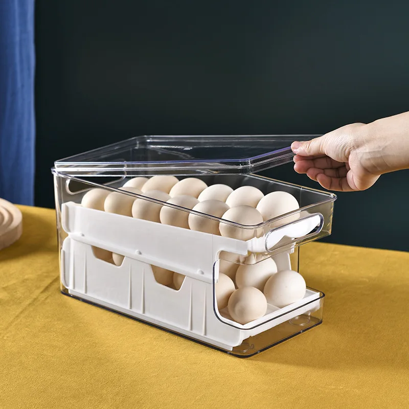 

Kitche plastic automatically roll off 24 chicken egg tray egg holder with lid, White organze grey