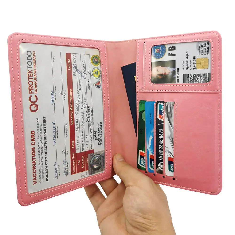 

Custom pu leather 6.5*4.5 inch vaccine record certificate card holder protector cover case plus passport holder for Philippines