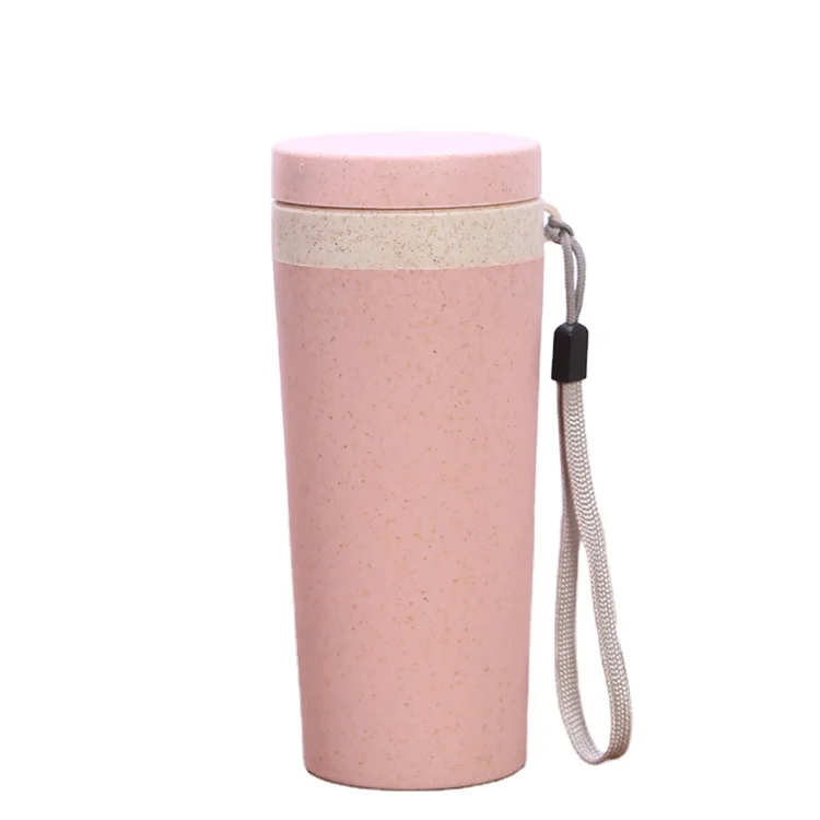

10oz Double Wall Wheat Straw Plastic Water Cup ECO Plastic Seal Kids Coffee Mug Wheat Leak Proof Tumbler With Rope