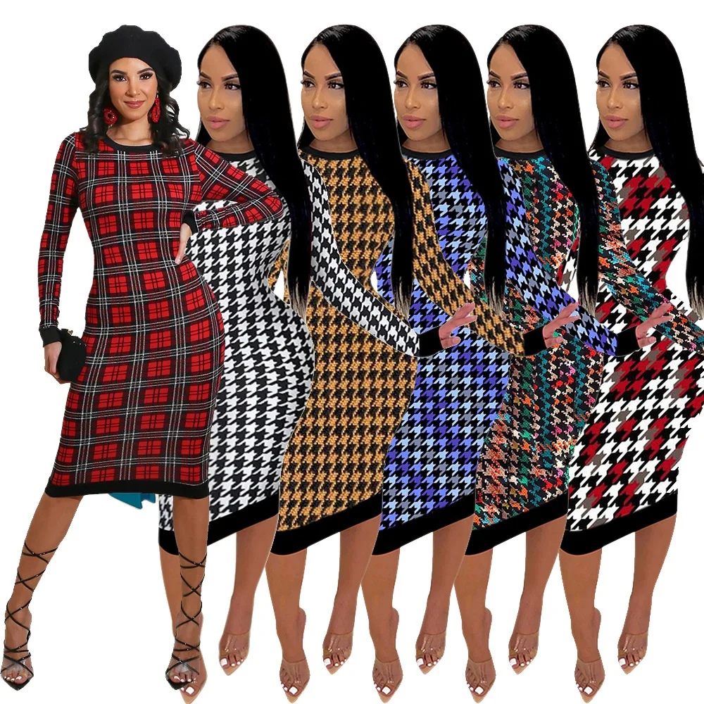 

AI18-208 Wholesale ladies fashion long sleeve round neck irregular printing featured dress plus size women clothing