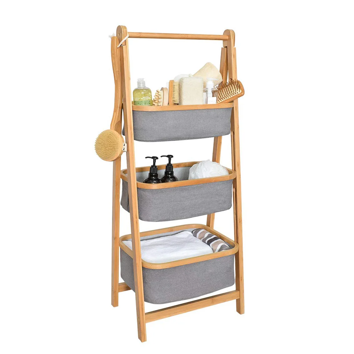 

Fabric Canvas Storage Shelf Bamboo Frame Foldable 3 layer Rack Dirty Clothes Sundry Storage Laundry Basket