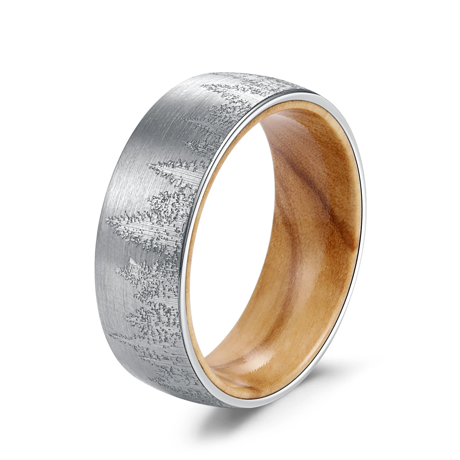 

8mm Brushed Surface Forest Tree Laser Carved Silver Tungsten Ring With Natural Oliver Wood Sleeve