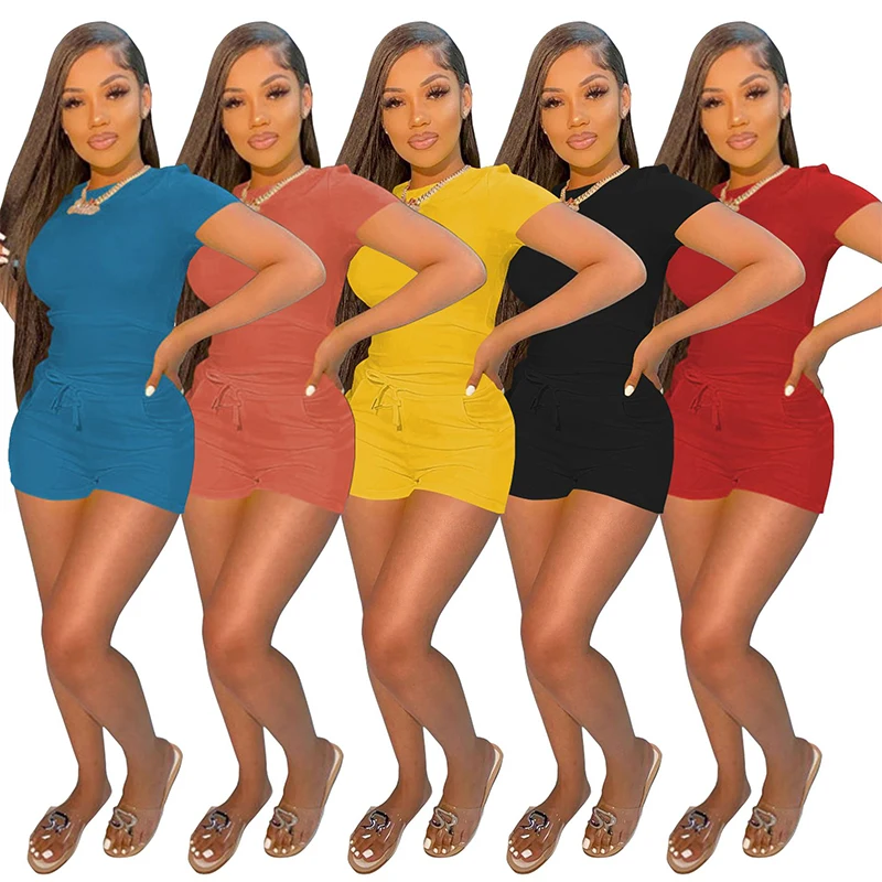 

High Quality Summer Women Outfit Solid Color Short Sleeve Sexy Sport Wear Women Casual Two Piece Biker Short Set