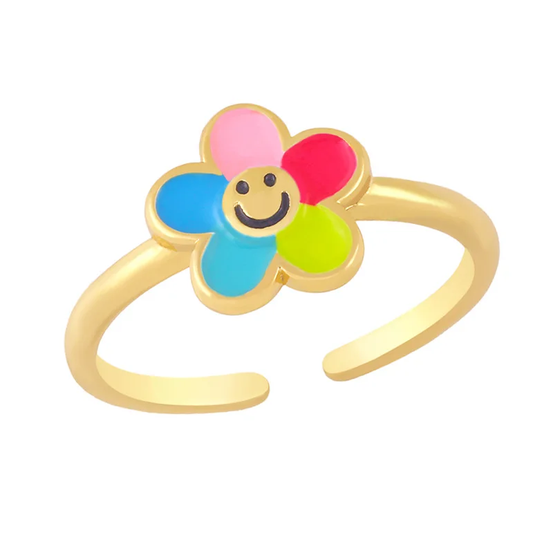 

CLARMER Simple Fashion New Design 18K Gold Plated Colorful Enamel Smile Face Flower Shape Brass Rings For Woman And Girls