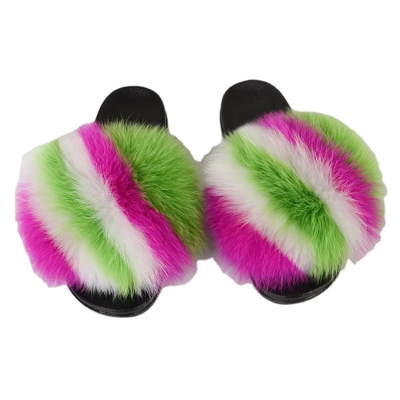 

Colourful fox fur slippers summer slippers for women Wear beach shoes outside, As photo