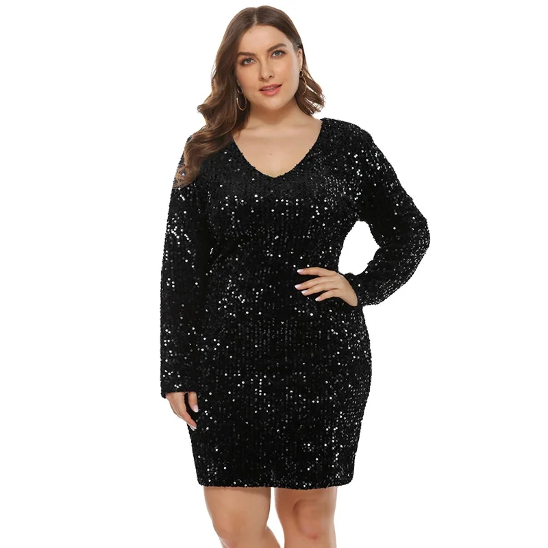 

Sexy sequined V-neck long-sleeved tight-fitting buttocks plus size women's sweater dress
