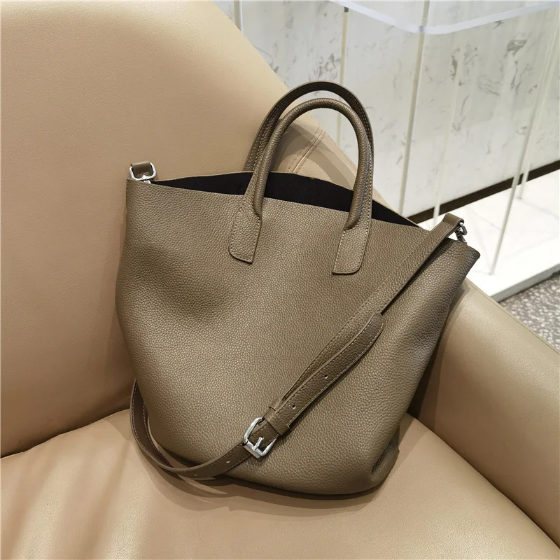 

Lady cowhide leather bag fall and winter new style large capacity bucket bag women luxury handbag crossbody genuine leather bags, Black,khaki,blue,gray,brown