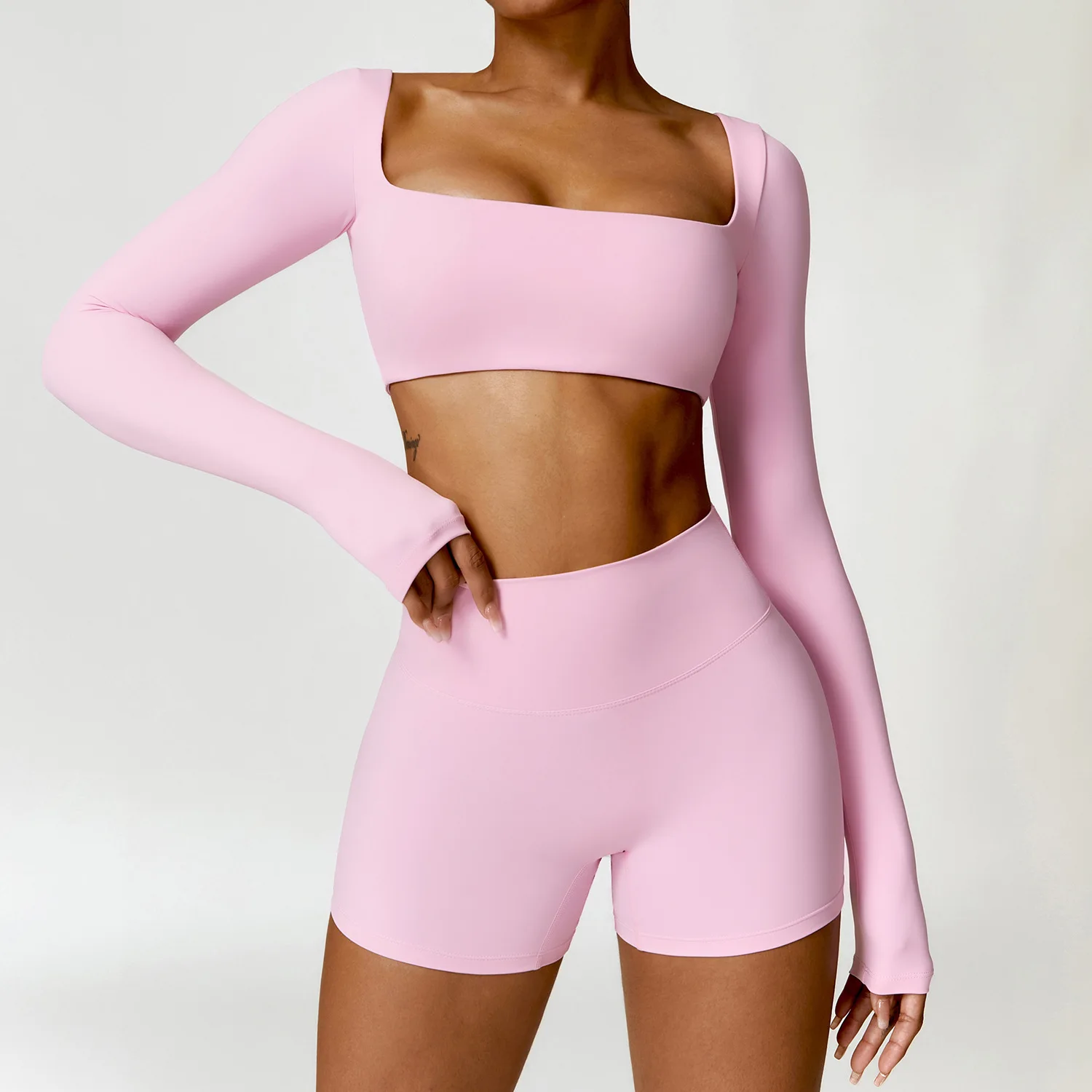 Long Sleeve Crop Top & Shorts Gym Set