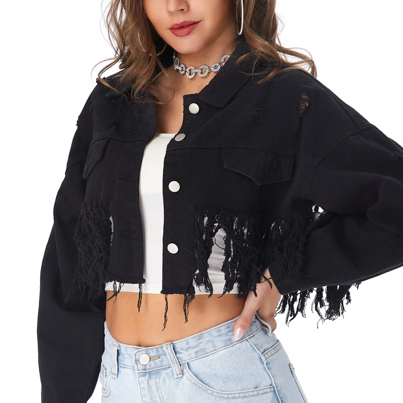 

Factory Bulk Custom Jean Top The latest designs fashion fringe black crop denim jacket for women, Customized color