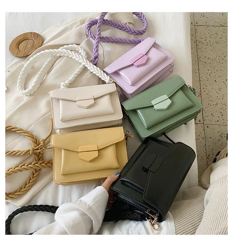 

MeeTee B-B061 2020 Summer New Fashion Lock Small Square Bag Candy Color Woman Bag Trend Rope shoulder Messenger Bag