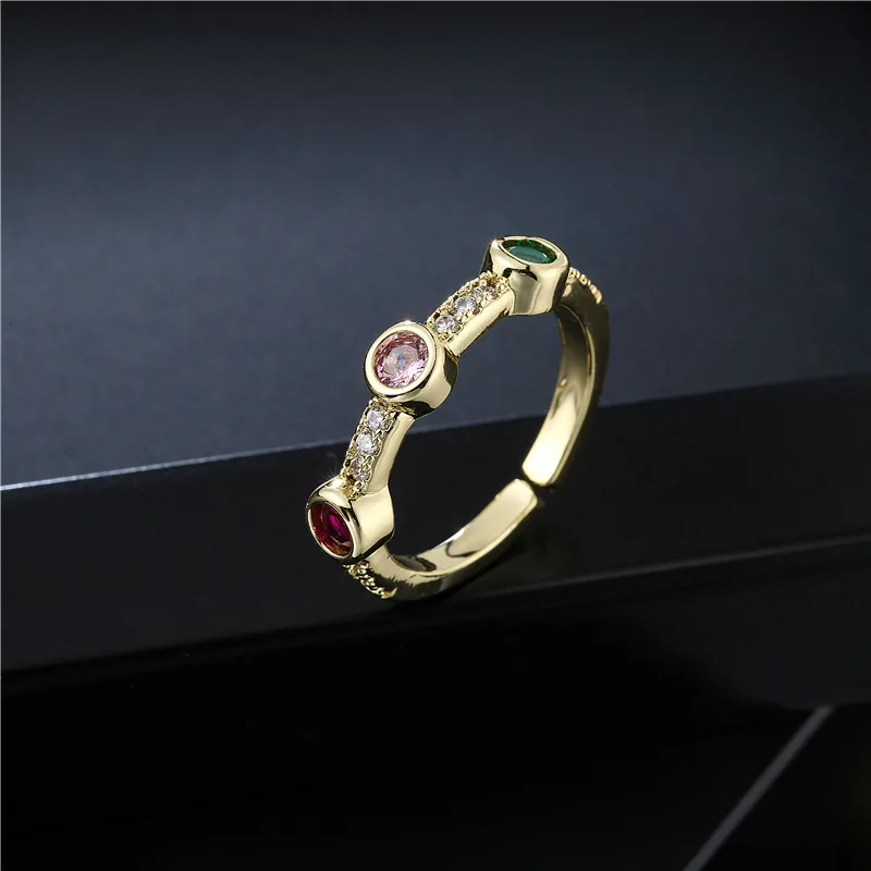 

Best Selling 18K Gold Plating Cubic Zircon Colorful Rings Adjustable Emerald Multi Color Full Diamond Band Rings For Women Girl
