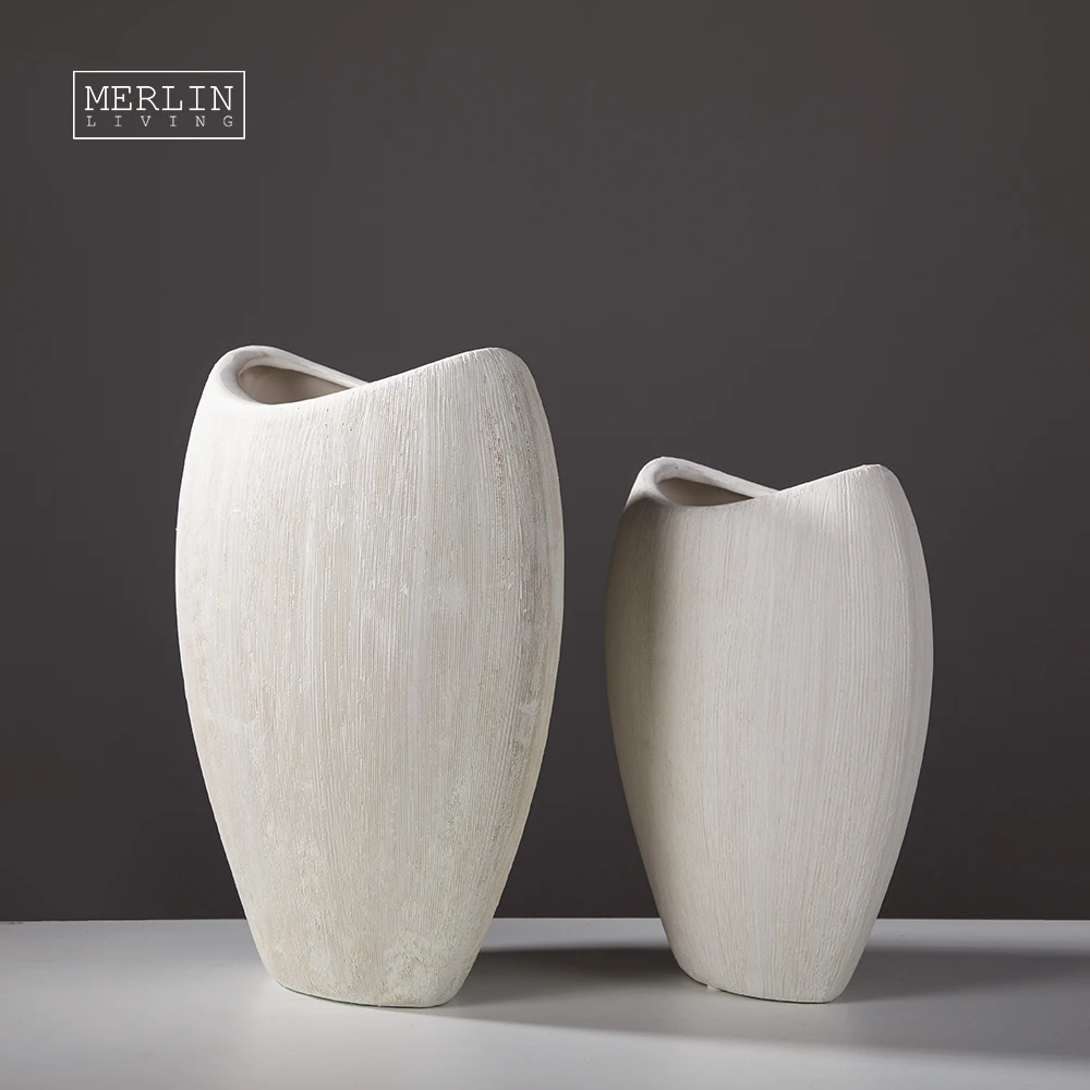 

Nordic ribbed Scandinavian White textured Vases unique design flat moon vase for living room home decor ceramic & porcelain vase