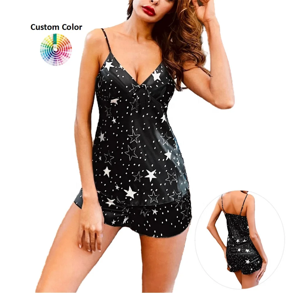 

RN519 Wholesale Custom Sleepwear Star Print Pajamas Satin Night Gown Set for Women