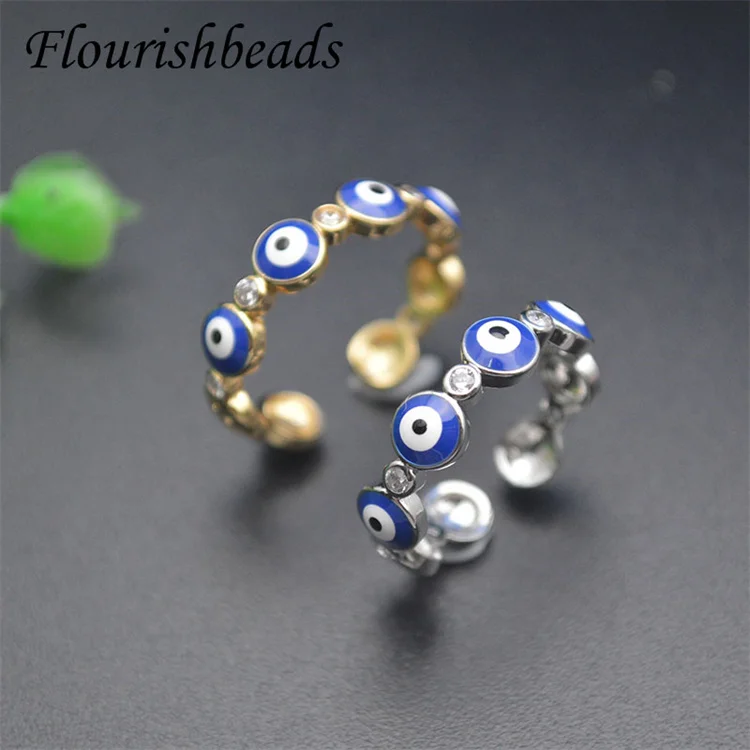 

Trendy Design Wholesale Anti Rust Color Remain 18K Gold Rhodium Plated CZ Pave Enamel Eye Adjustable Rings for Womans